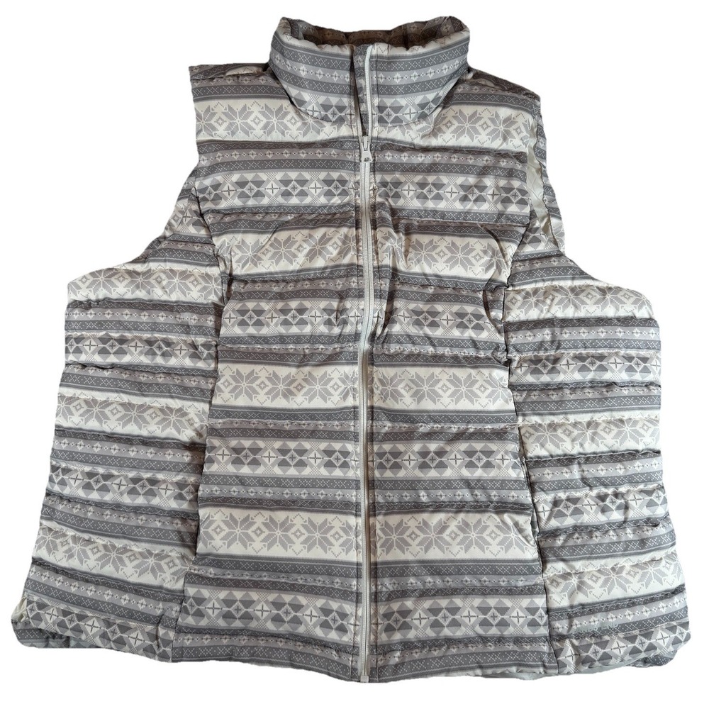 Lands End Womens Sz 1X 16w-18w Grey Cream Down Sleeveless Puffer Vest